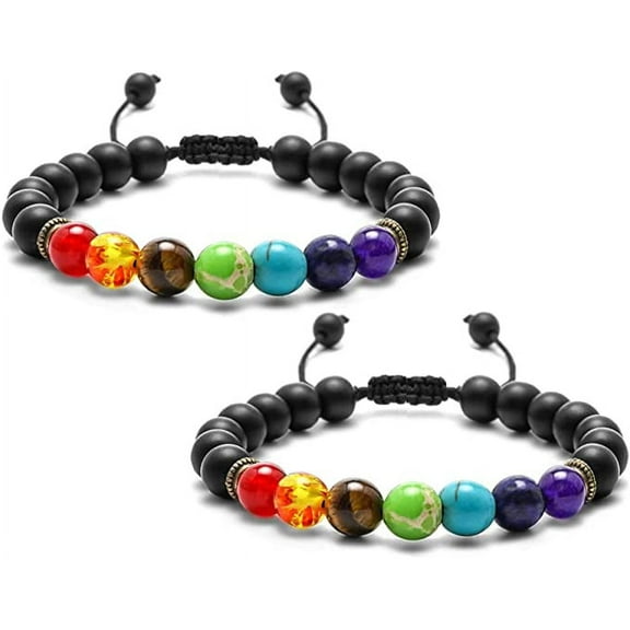 Wonder Care Healing Natural Gemstone Yoga Meditation 8mm Beads Bracelet Reiki Anxiety Stress Relief Balancing Lava Wrist Band Unisex Adjustable Bracelet Gift (Pack of 2)