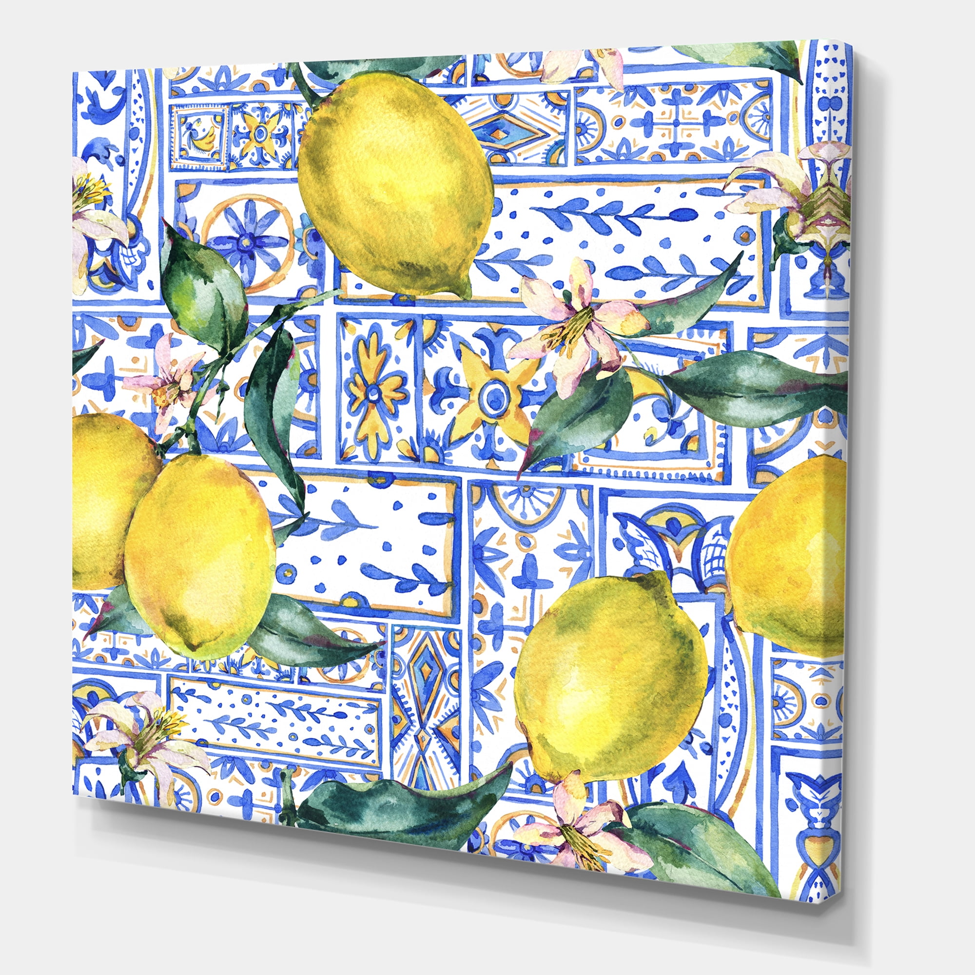 Designart ' Geometrical Pattern of Lemon Ornament On Blue I ' Tropical Canvas Wall Art Print