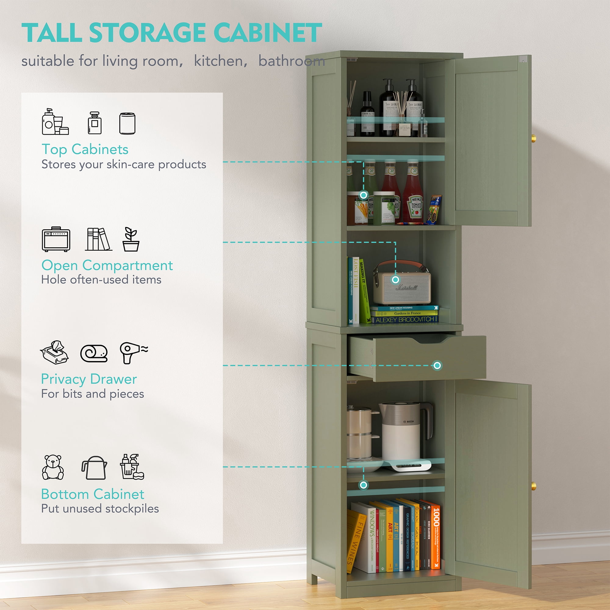 2PCS Bathroom Storage Cabinets 64" Tall Narrow Wooden Cabinets Set of 2 with Doors Shelves Drawer Green