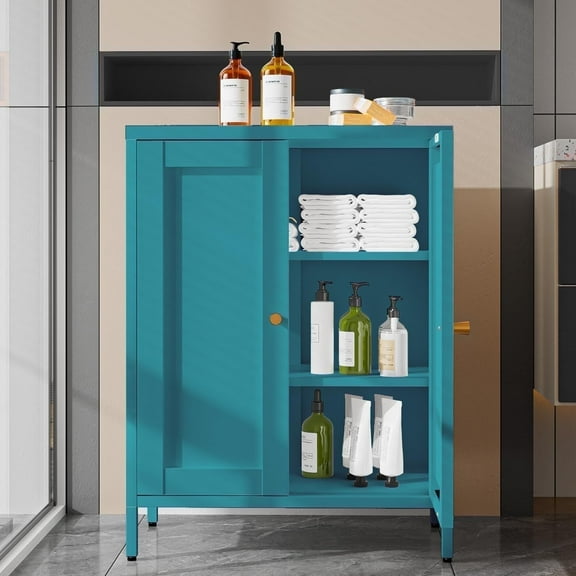 Bathroom Floor Cabinet,Metal Storage Cabinet,Freestanding Sideboard with 2 Doors & 2 Adjustable Shelves,Modern Metal Storage Locker for Bathroom,Living Room,Entryway, Teal Blue
