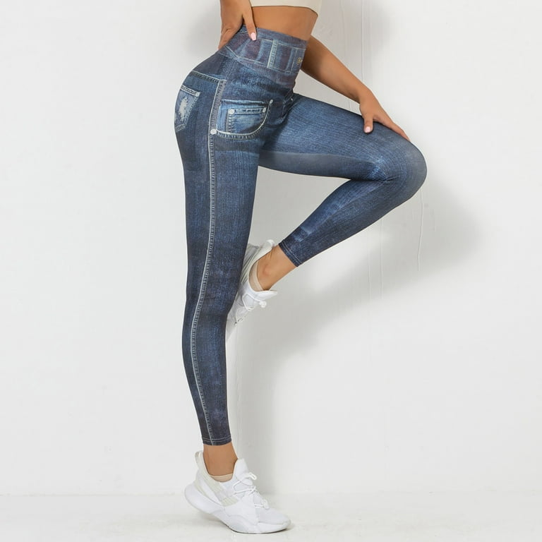 Frehsky leggings for women Women's Denim Print Jeans Look Like Leggings  Stretchy High Waist Slim Skinny Jeggings Dark Blue 