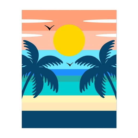Retro Vintage Tropical Sunset Escape - Digital Art Palm Tree Sunset Tropical Beach Ocean Minimalist Coast Unframed Wall Art Print 6 x 8 inches