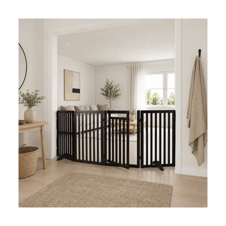TRIXIE 4-Panel Foldable Wood Freestanding Pet Gate Walk Thru Door Expands to 81.2 Brown