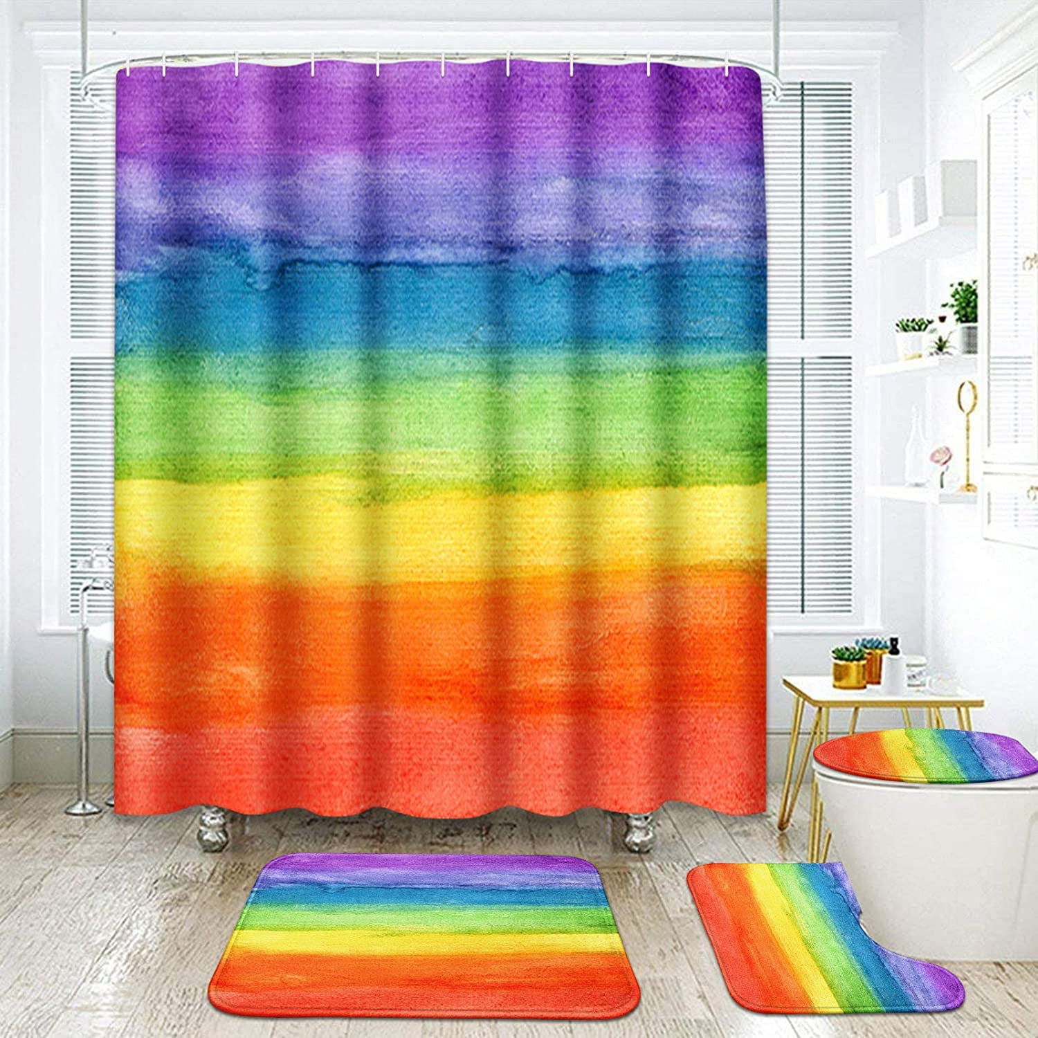 Beach and rainbow Shower Curtain Bathroom Decor Fabric  & 12hooks 71*71inches 
