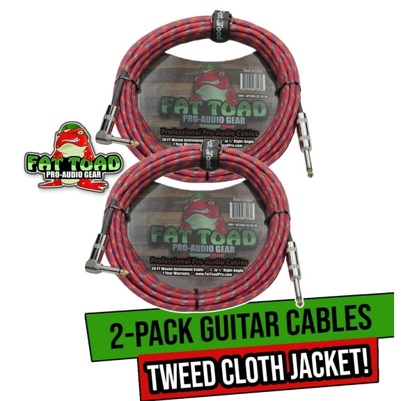 Fat Toad Guitar Cords (2 Pack) - Right Angle to Straight-End Instrument Cable Tweed Cloth Jacket - Braided Woven 20 FT 1/4 Inch Jack TS for Electric Guitar, Bass, Shielded 20 AWG Patch Conductor