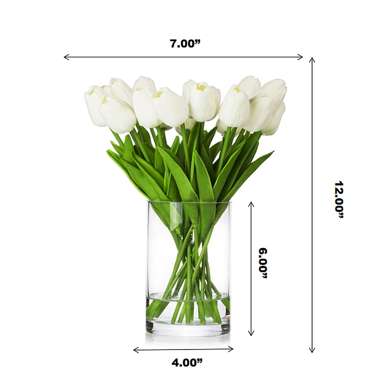 ENOVA FLORAL 20 Heads White Tulips Real Touch Artificial Flowers in Vase, Fake Tulips Flowers with Vase and Faux Water for Dining Table Decoration