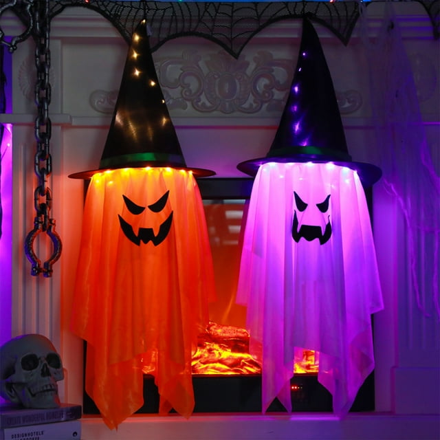 Fiudx Luces de Sombrero de Bruja de Halloween, Cadena de Luces Led Colgantes, Decoración Exterior Impermeable, Funciona con Pilas para Fiestas o Jardín, Material de Poliéster Ligero, Tamaño de 105 Cm