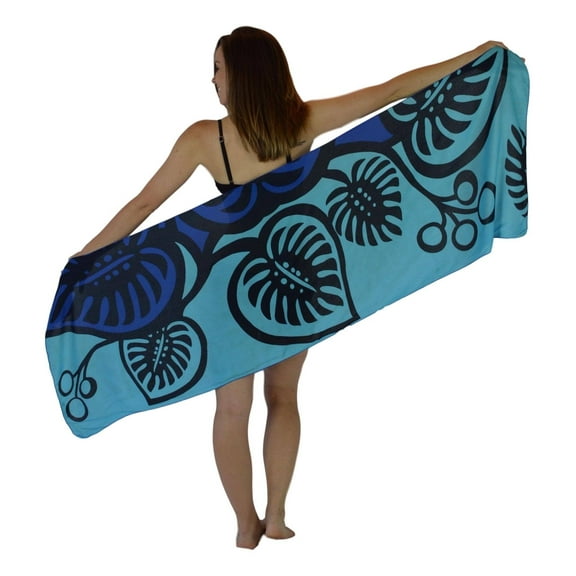 Island Style Women's Pareo Sarong Half Cover-up- Hawaiian Monstera Print, Blue
