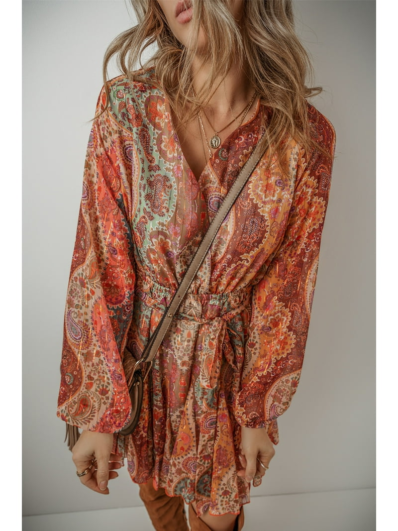 Women's Orange Boho Paisley Print Long Sleeve Pleated Belted Mini Dress -  Walmart.com