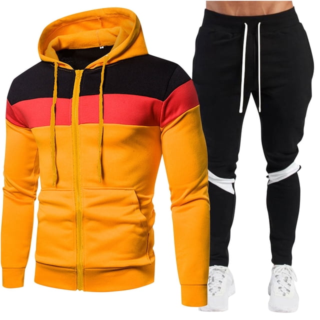 Fartey 2 Piece Men's Tracksuit Set Fashion Colorblock Jogging Suits Long Sleeve Hoodies Matching Drawstring Pants Outdoor Sweatsuit Outfits Yellow S-3XL