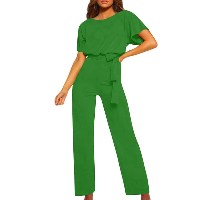 cfhntfmh Combinaison pour Femmes Ample à Col Rond à Manches Courtes Tenue de Détente Combishort Mode avec Ceinture Pantalon à Jambe Droite