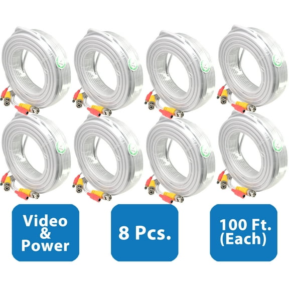 Evertech 8 Pcs 100 Feet White Ready-made Video and Power CCTV BNC Cable for Security Camera Surveillance Systems
