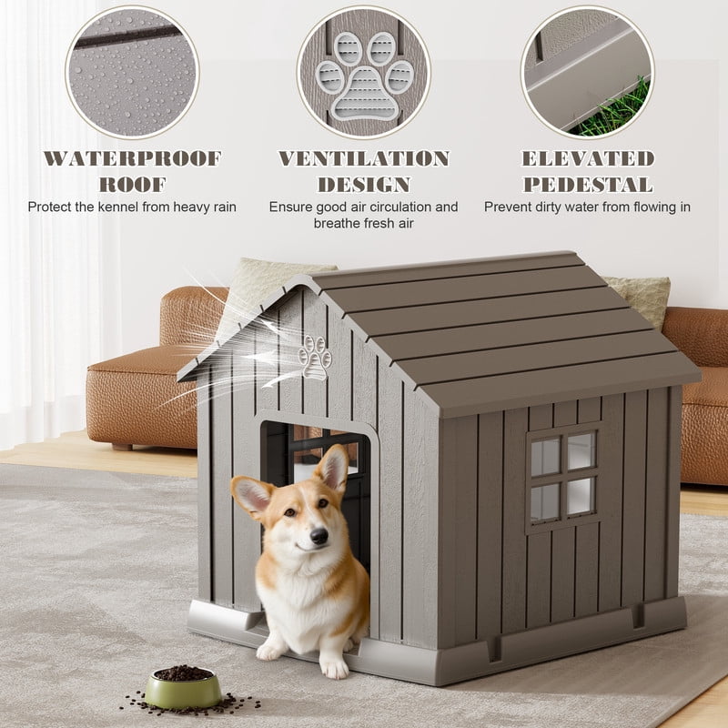 Bifanuo Durable Dog House, Indoor Outdoor Wateproof Doghouse, Pet Plastic Dog kennel for Small Medium Dogs,Grey and Blue ,29.9L x 32.3W x 32.5H Inchs