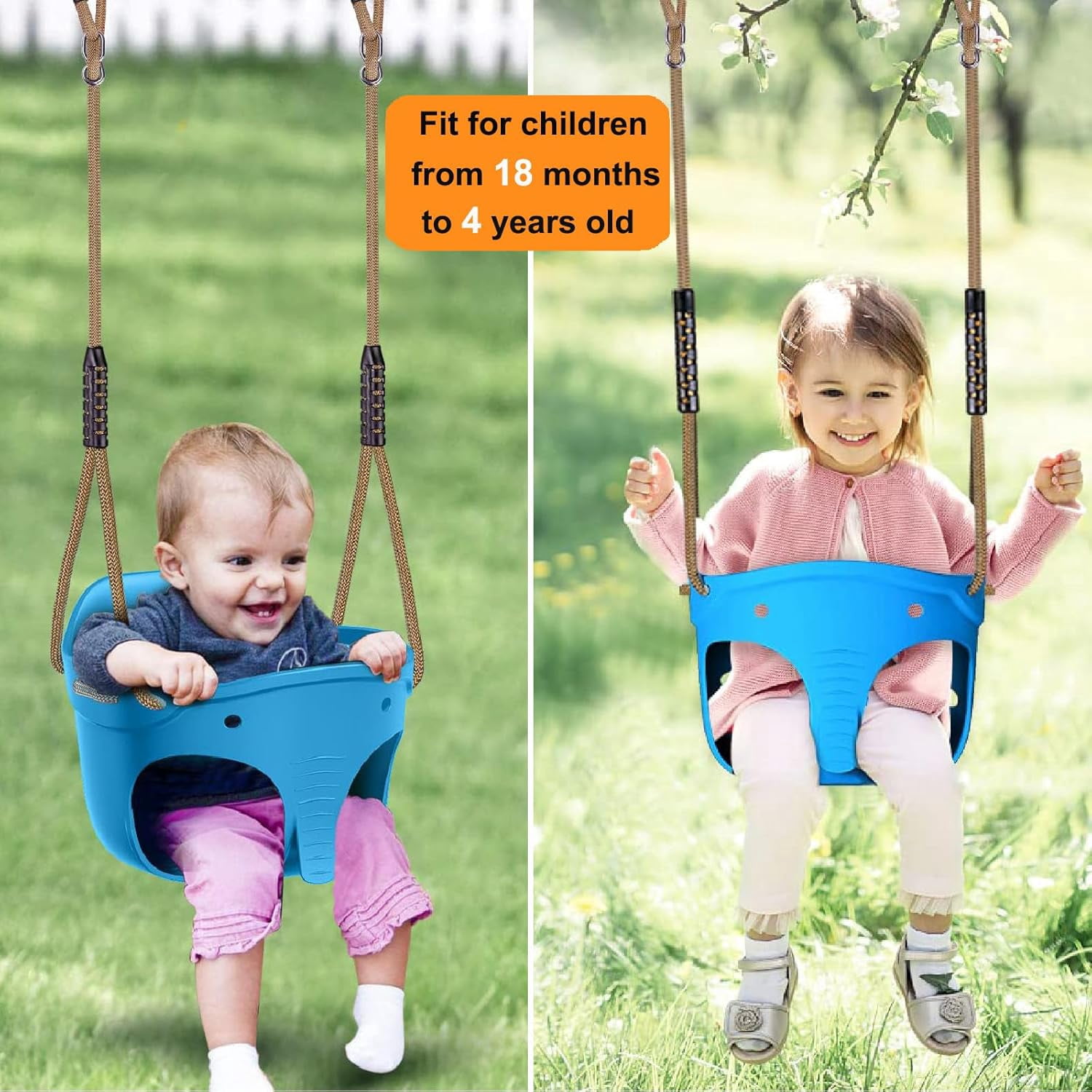 600 LB Weight Capacity Full Bucket Toddler Swing Seat with Adjustable Height Rope from 4.2 to 6.7 FT High Back Bucket Seat Swing for Toddler - Cute Elephant Shape Design
