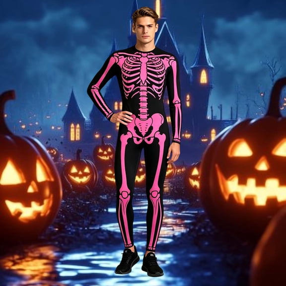 FASHOFT Men's Bone Graphic Halloween Costumes Cosplay Outfit Skeleton Design Theme Party Stage Performance Dress Up Halloween Costume L