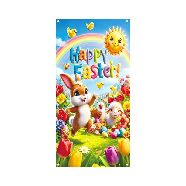 CaiYueKe Easter Door Cover Decoration Outdoor Party Decor Spring Holiday Door Curtain Bunny Rabbit Egg Festive Atmosphere Photography Backdrop Vertical Horizontal Hanging Decorations