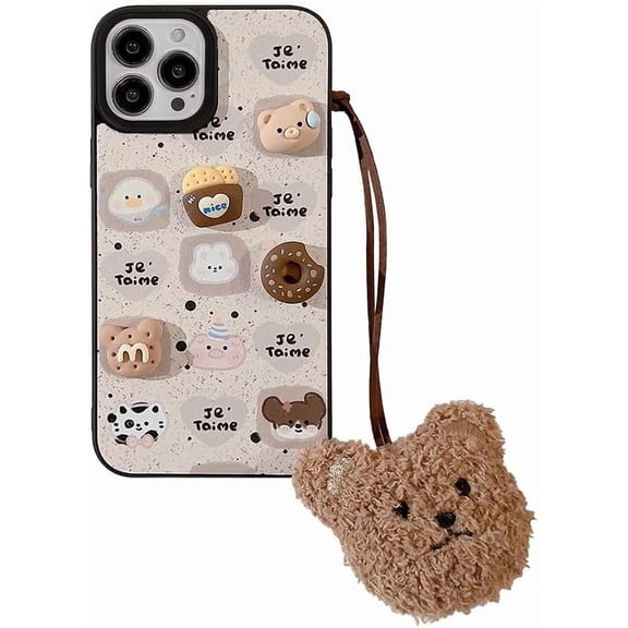 for iPhone 13 Case with Plush Teddy Bear Phone Charm Chain 3D Bear Donut Cute Phone Case Phone Protective Cover for Women Girls Soft TPU Shockproof Cover