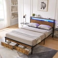 thumbnail image 2 of Queen Size Metal MDF Bed Brown Black with Wooden Head Foot Board USB 2 Drawers LED Lights Bedroom Storage Easy Assembly, 2 of 2
