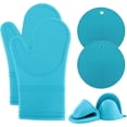 thumbnail image 1 of 6 Piece Teal Silicone Oven Mitt Set Heat Resistant Quilted Lining Pot Holder Trivet BBQ Cooking, 1 of 8