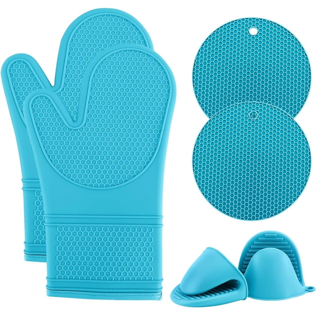 6 Piece Teal Silicone Oven Mitt Set Heat Resistant Quilted Lining Pot Holder Trivet BBQ Cooking
