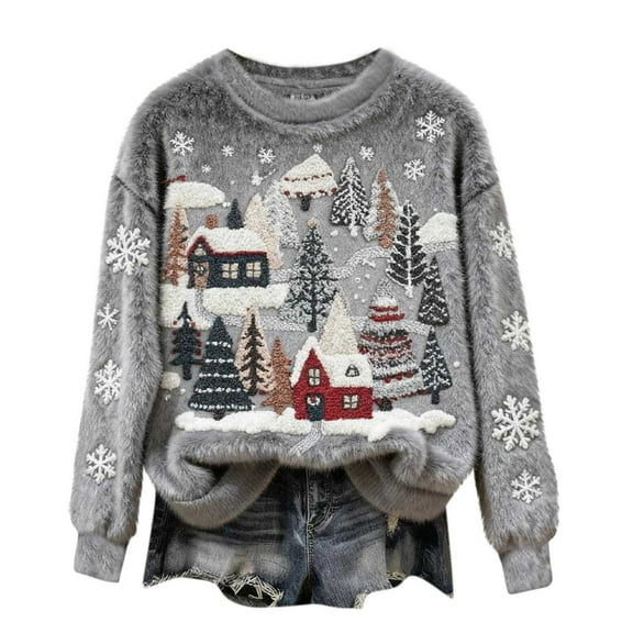 Craaazy Women's Christmas Printed Long Sleeve Top Warm Crewneck Christmas Sweaters Gifts