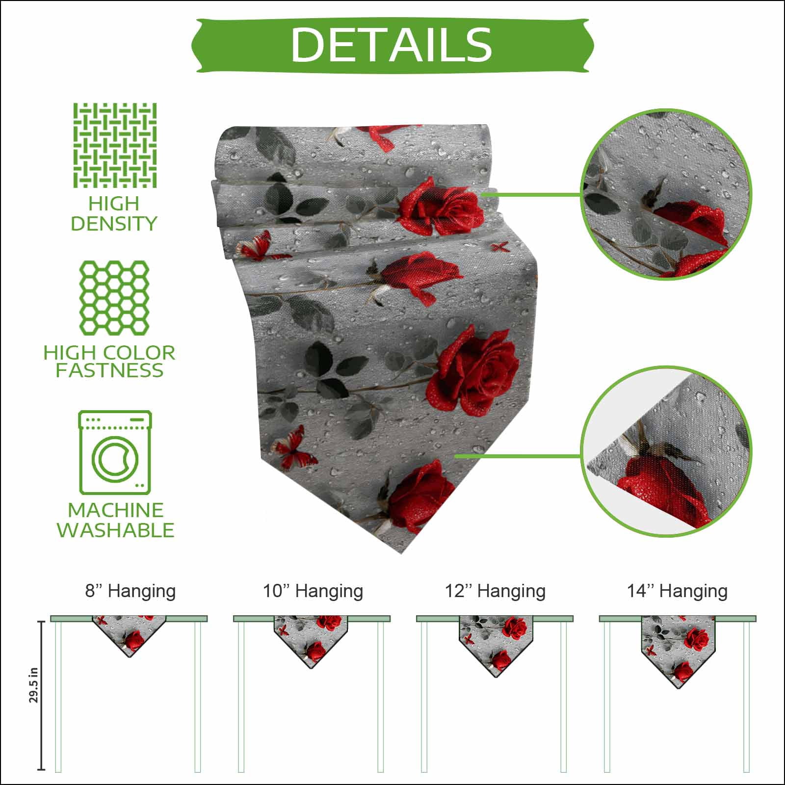 Red Roses Table Runner Linen Burlap Table Runner 90 Inches Long Valentine's Day Butterflies Floral Romantic Gray Dresser Scarves for Kitchen Island Coffee Dining Party Wedding Holiday Decor 13"x90"