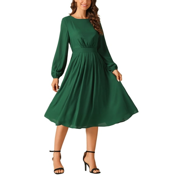 INSPIRE CHIC Women's Long Sleeve Crewneck Casual Dress High Waist Pleated a Line Flowy Dresses S Dark Green