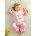 thumbnail image 5 of Loicainy Toddler Baby Girls Summer Outfits 6 12 18 24 Months 2T 3T 4T Ruffle Short Sleeve Crew Neck Striped Babydoll Tops and Elastic Waist Pants Clothes Set, 5 of 9