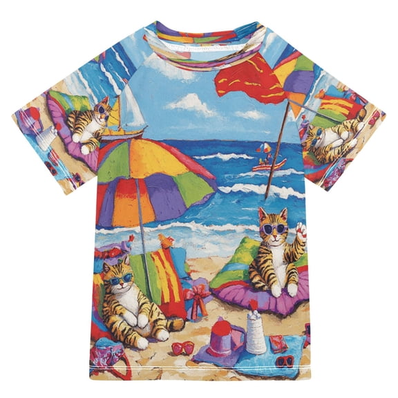 BZSMCE Summer T-shirt Sunscreen Cats Reposeoning The Beach Pattern Swim Tops