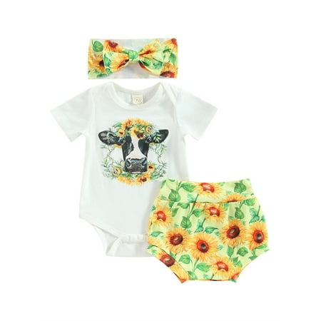 

Bagilaanoe 3pcs Newborn Baby Girl Short Pants Set Print Short Sleeve Romper Tops + Sunflower Shorts + Headband 3M 6M 12M 18M Infant Casual Summer Outfits