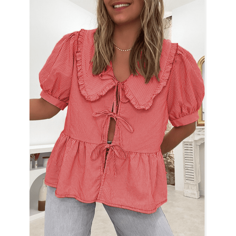 Women's Striped Babydoll Tops Doll Collar Short Sleeve Open