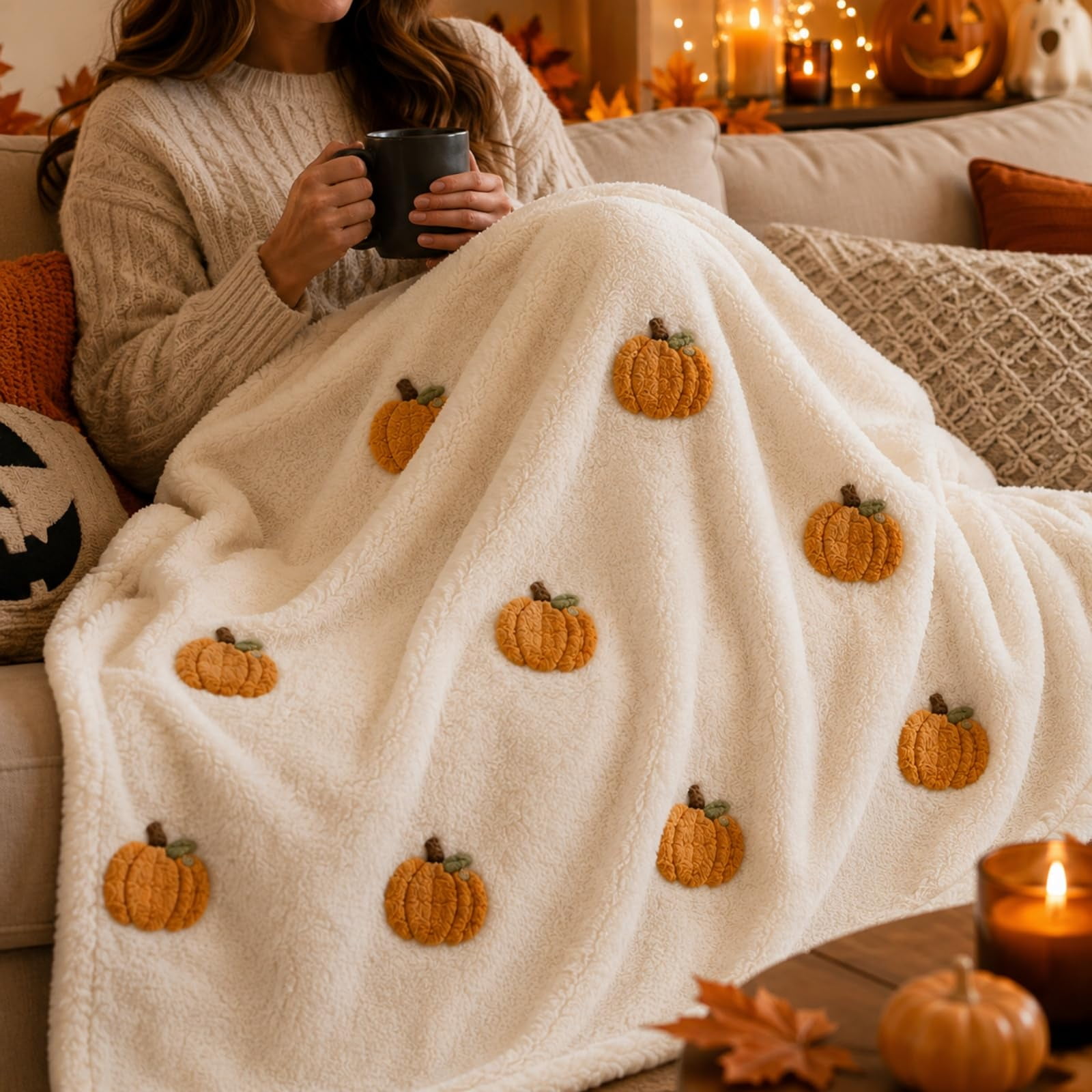 Halloween Throw Blanket with Pumpkin Pattern, Soft Flannel Decorative Blanket for Sofa, Couch, and Bed