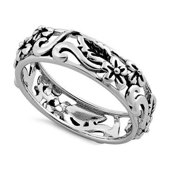 925 Sterling Silver Oxidized Platinum Plated Floral Design Women Valentines Day Gifts Ring