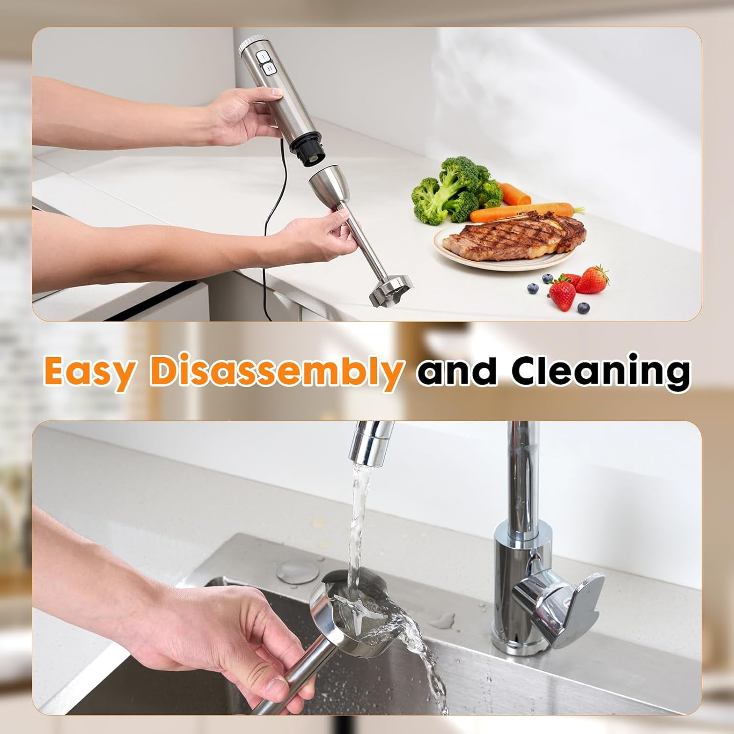 Immersion Hand Blender 8-in-1 with 25 Speeds, 1000W Motor, Stainless Steel Blades for Smoothies, Soups, and More