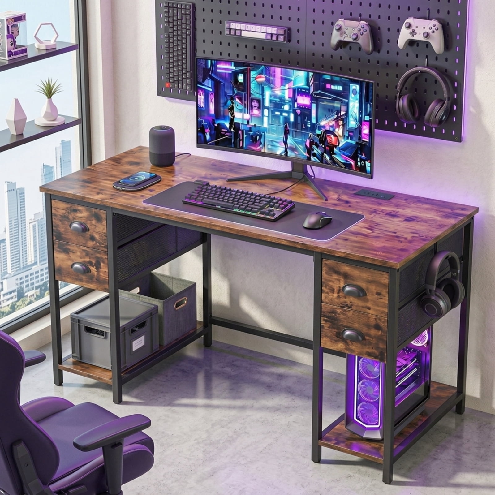 Furnibear 48 Inch Computer Desk with Power Outlet and 4 Fabric Drawers, Home Office Desk with Headphone Hook and Metal Frame for Study, Brown