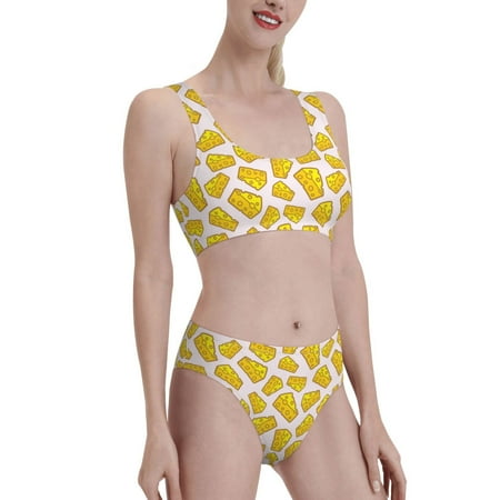 Uemuo Cheese Printed Women s High Waisted Bikini Sets Sporty Two Piece Swimsuits Color Block Cheeky High Cut Bathing Suits-