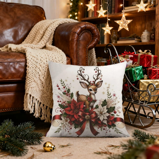 Funda de Almohada con Estampado de Renos Navideños | Funda de Almohada Corta de Terciopelo Multicolor | 45 X 45 Cm | Decoración Festiva para El Hogar | Tema de Papá Noel y Renos | Paquete de 1