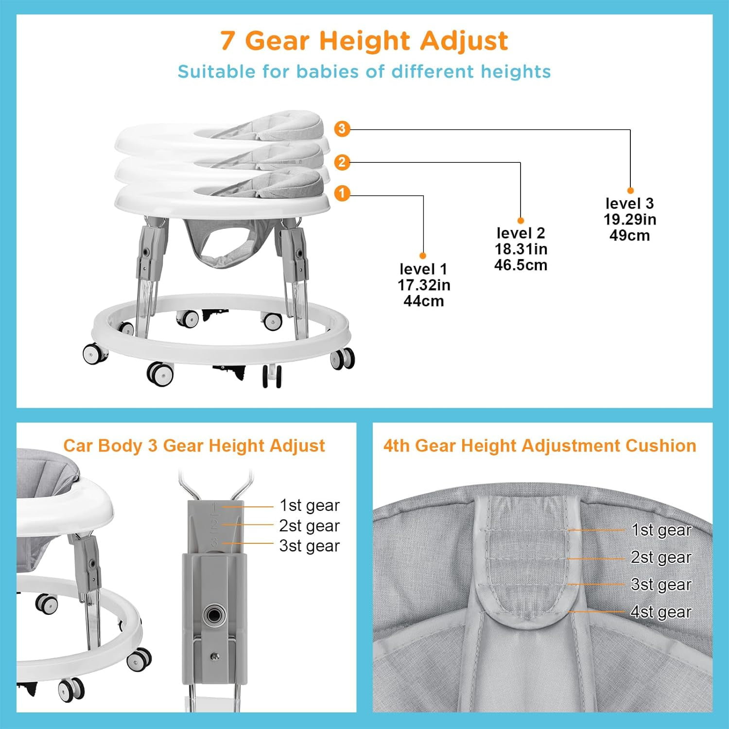 PRVAETU Foldable Baby Walker with Wheels,Height Adjustable,Large Dining Tray,Dust-Resistant Foot Pad,for 6-18 Months Infant,Grey