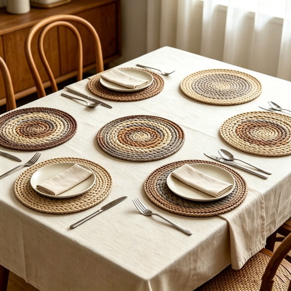 6PCS Round Hand Woven Rattan Placemat Gradient Color Heat Resistant Decorative Dining Table Mat for Home Kitchen Restaurant