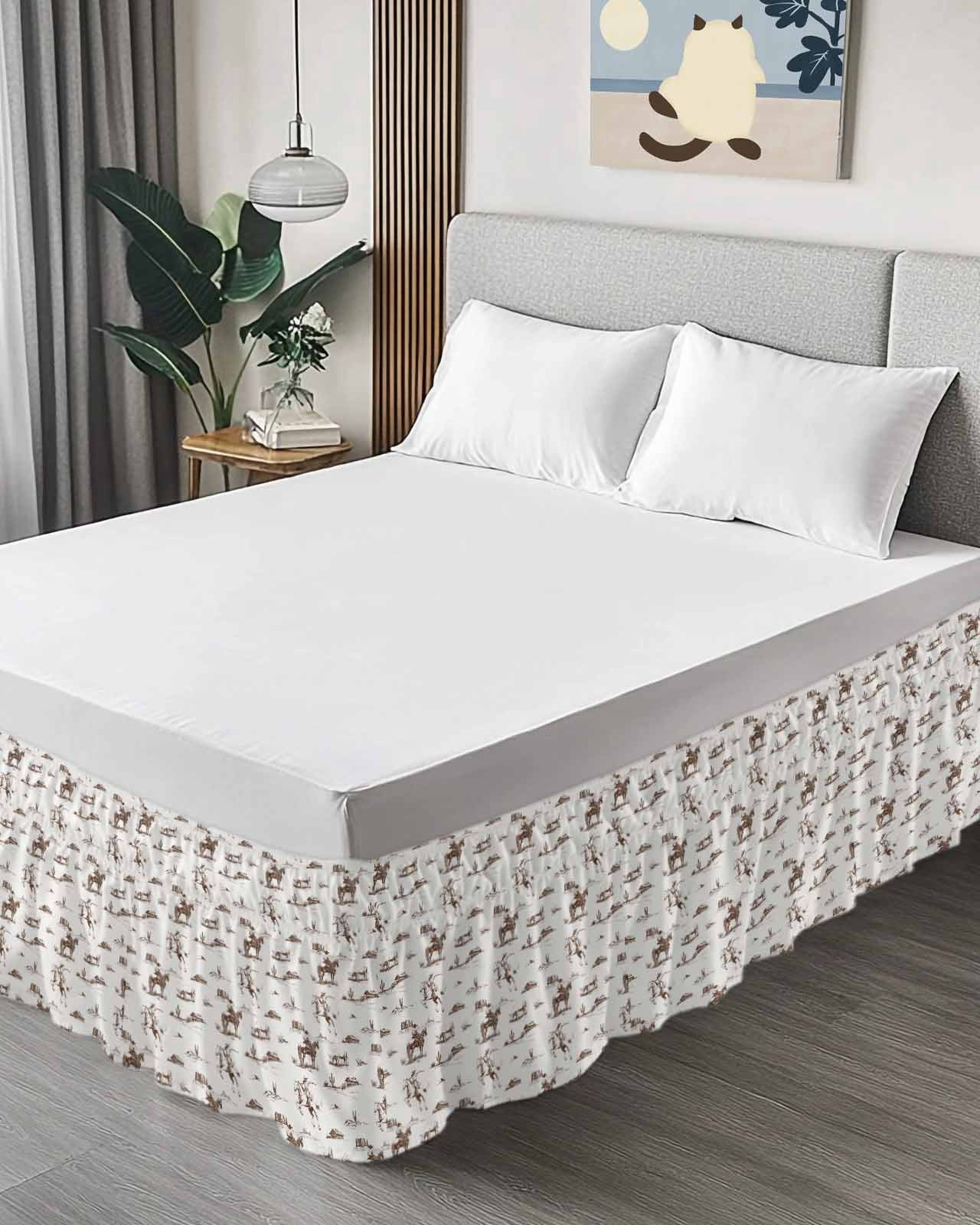 Western Cowboy Wrap Around Bed Skirts for Queen Bed 16" Drop,Bed Skirt with Adjustable Elastic Belt Dust Ruffle Bed Valance for Bedroom Hotel Retro Desert Cactus Country Cowboy Brown Bed Frame Cover