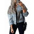 thumbnail image 3 of Womens Button Down Distressed Leopard Denim Jean Jacket Washed Long Sleeve Ripped Cheetah Jean Coat Light Blue XL, 3 of 7