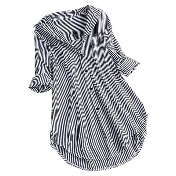 2026 ! asdoklhq Long Sleeve T Shirts for Women,Women Chic Stripe Long Sleeve Turn-down Collar Button Loose Top Shirts Blouse