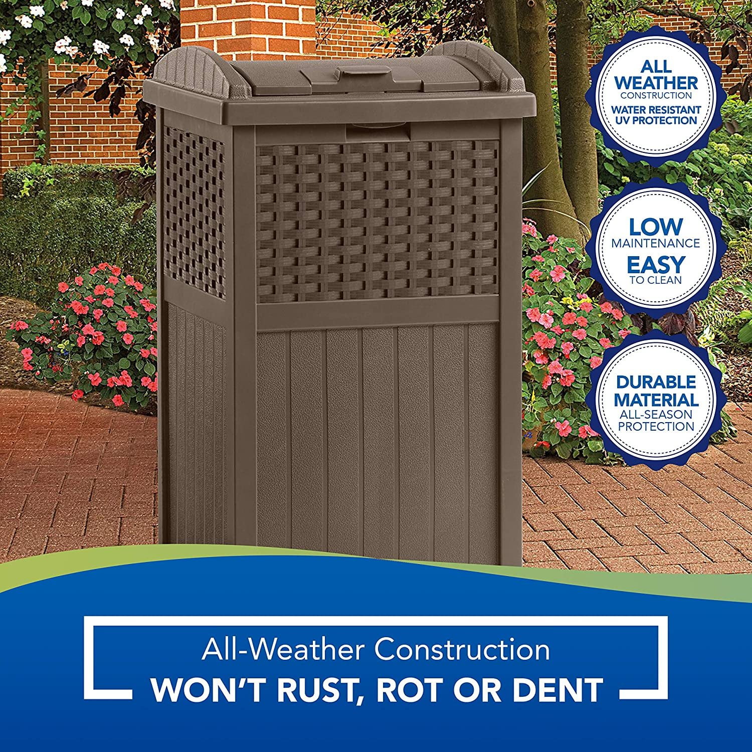 Cyberspace Suncast 33 Gallon Can Resin Outdoor Trash Hideaway with Lid Use in Backyard Deck or Patio 