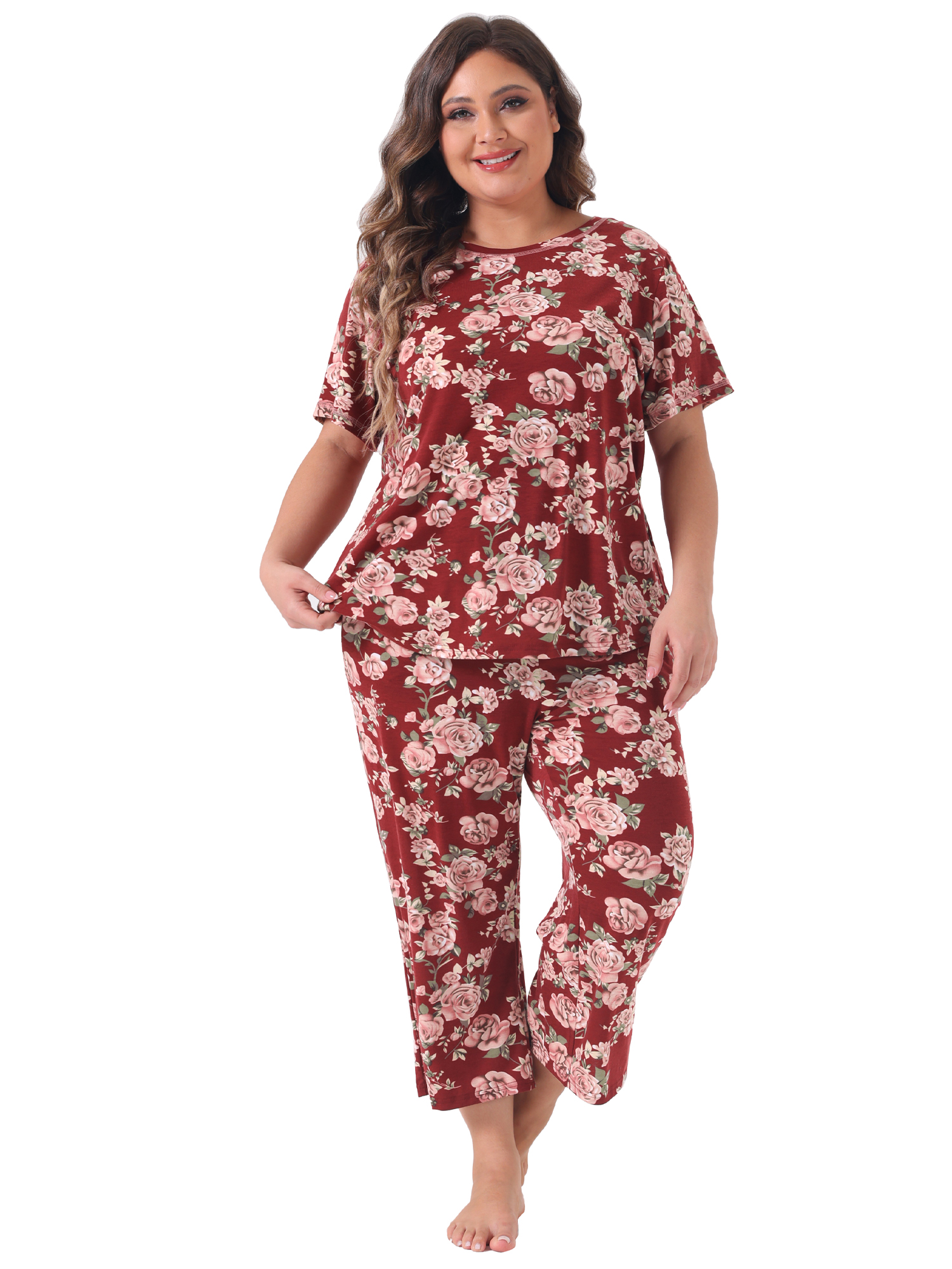DARING DIVA Women's Plus Size 2-Piece Floral Short Sleeve Pajamas Set 2XL Wine Red