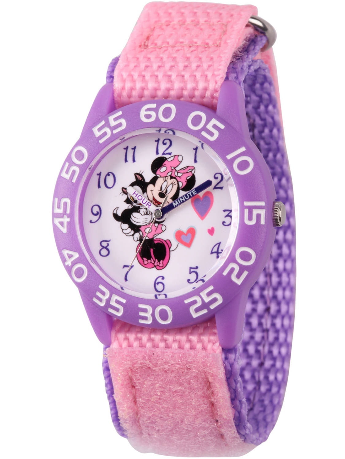 Minnie Mouse Girls' Purple Plastic Time Teacher Watch, Pink Hook and Loop Nylon Strap with Purple Backing