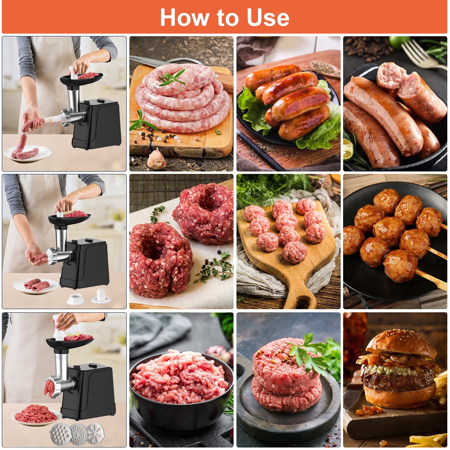 Electric Meat Grinder & Sausage Maker, 3000W Max Heavy Duty Stainless Steel Meat Mincer Machine Food Processor with 3 Blades,3 Plates,1 Meat Claw,Sausage Stuffer Tube & Kubbe Kit for Home Kitchen Use