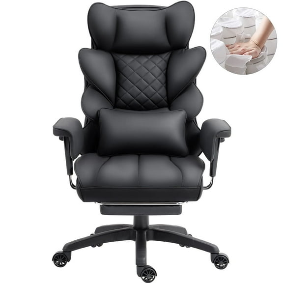 Goosea Big & Tall Office Chair - PU High Back Gaming/Executive Desk Chair with Pocket Spring Cushion, Adjustable Armrests, Lumbar Support & Footrest,Black