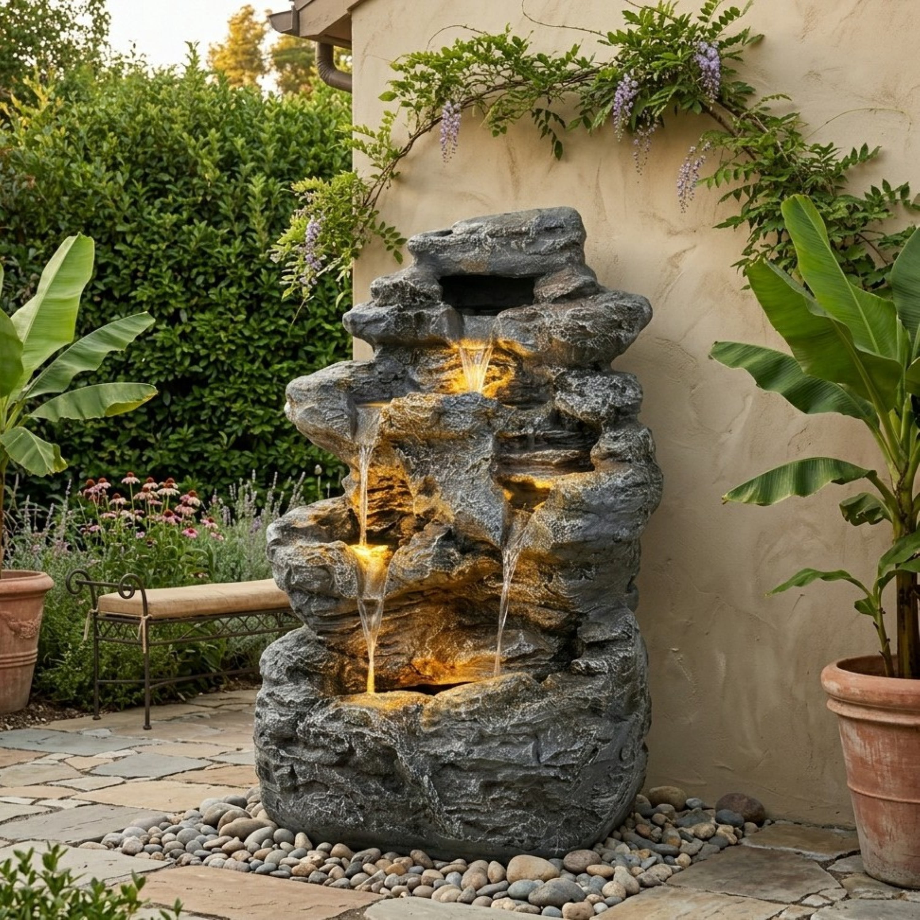 Mintazer 5-Tier Natural Rock Cascading Outdoor Fountain, Weatherproof Faux Rock Concrete Water Feature with Warm LED Lights & Silent Recirculating Pump for Patio Garden Backyard Decor, Gray