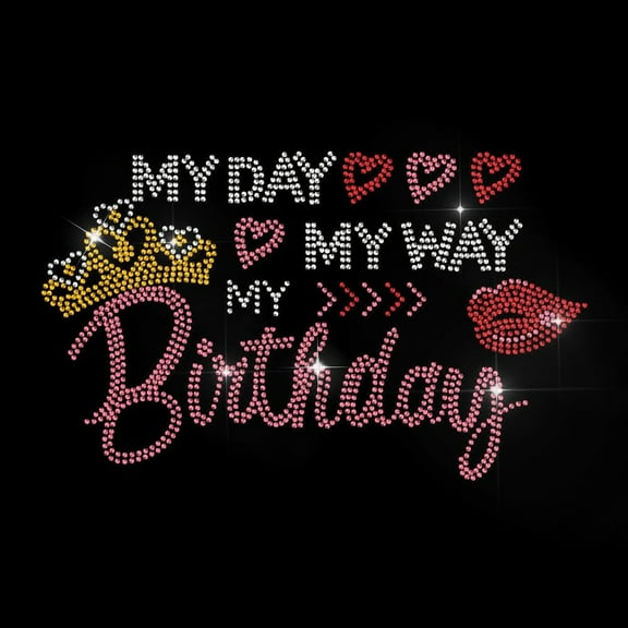 Birthday Theme Texts Rhinestone Iron on Hotfix Transfer Decal Crown Red Lips Bling Iron On Transfer Rhinestone Sticker DIY Patch Repair Hot Fix Applique for T-Shirt Jacket Clothing Craft