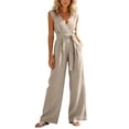 thumbnail image 2 of IUYRTFE Women V Neck Sleeveless Tie Waist Jumpsuit Wide Leg Romper with Pockets and Zipper for Summer Vacation, 2 of 7
